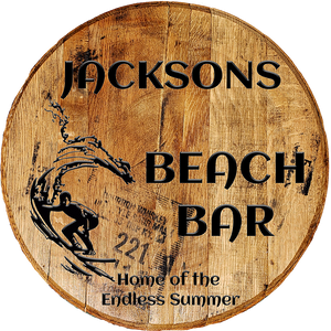 Rustic Decor Personalized Barrel Head - Custom Surfer Beach Bar - Whiskey Head Bar Sign - Craft Bar Signs