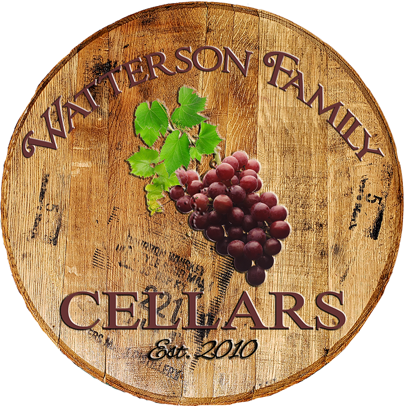 Rustic Decor Personalized Whiskey Barrel Head - Custom Family Name Cellars with Grapes - Craft Bar Signs