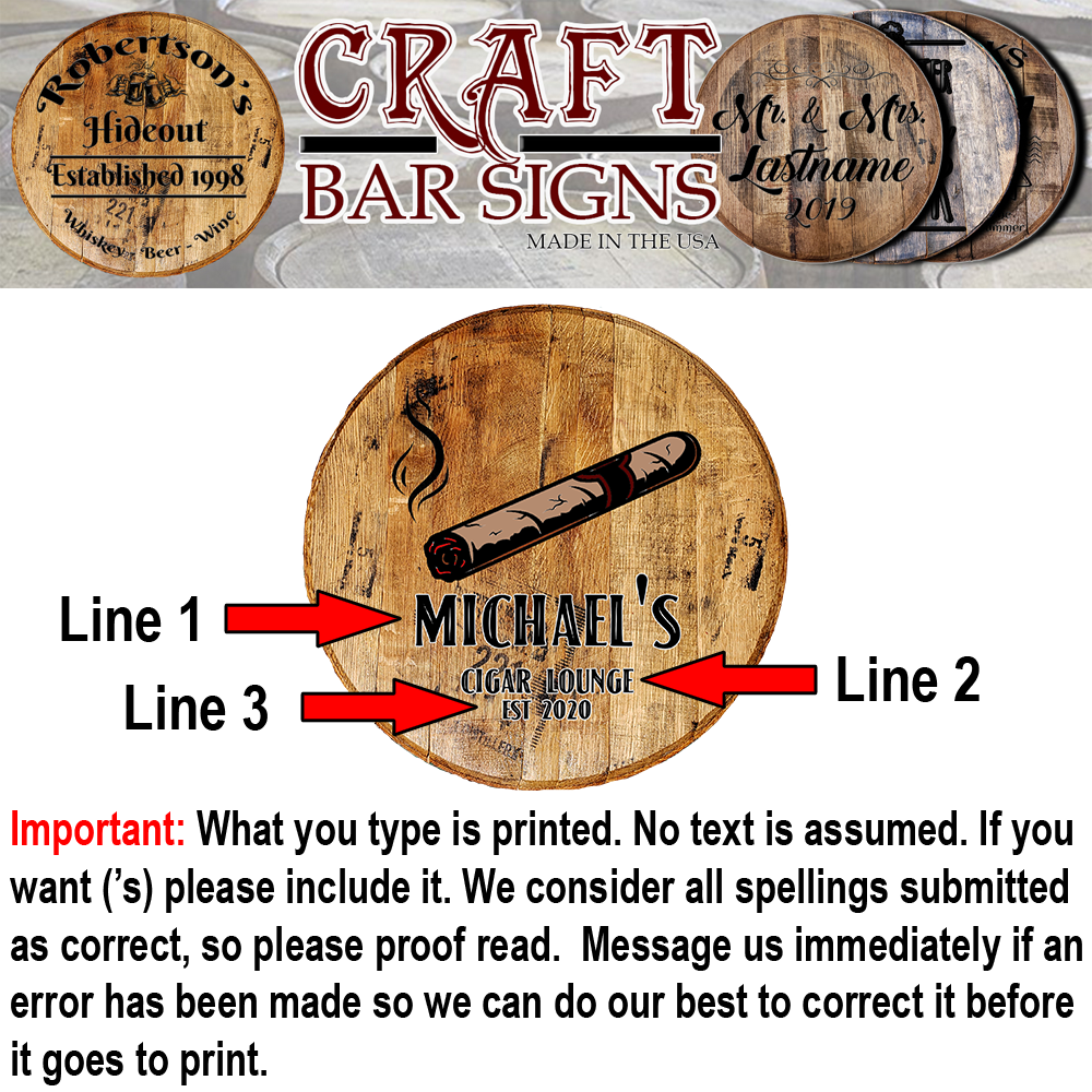 Cigar Lounge Smoking Stogies - Custom Barrel Head Bar Sign - Craft Bar Signs