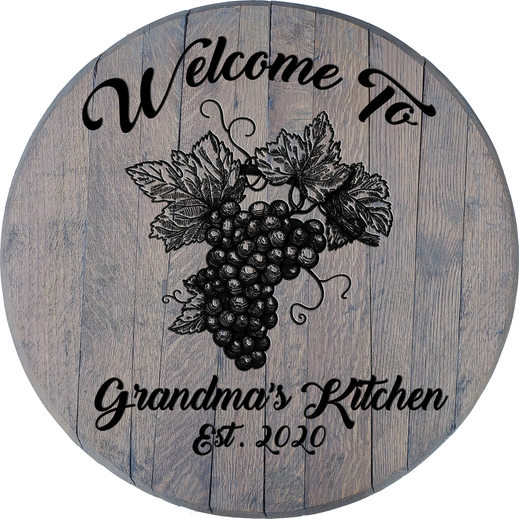 Craft Bar Signs | Wine Grapes Personalized Rustic Kitchen Sign - Gray