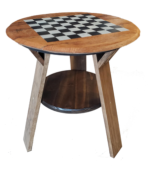 Playable Chess Board End Table | Authentic Bourbon Barrel Head Table with Shelf