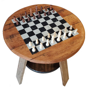 Playable Chess Board End Table | Authentic Bourbon Barrel Head Table with Shelf