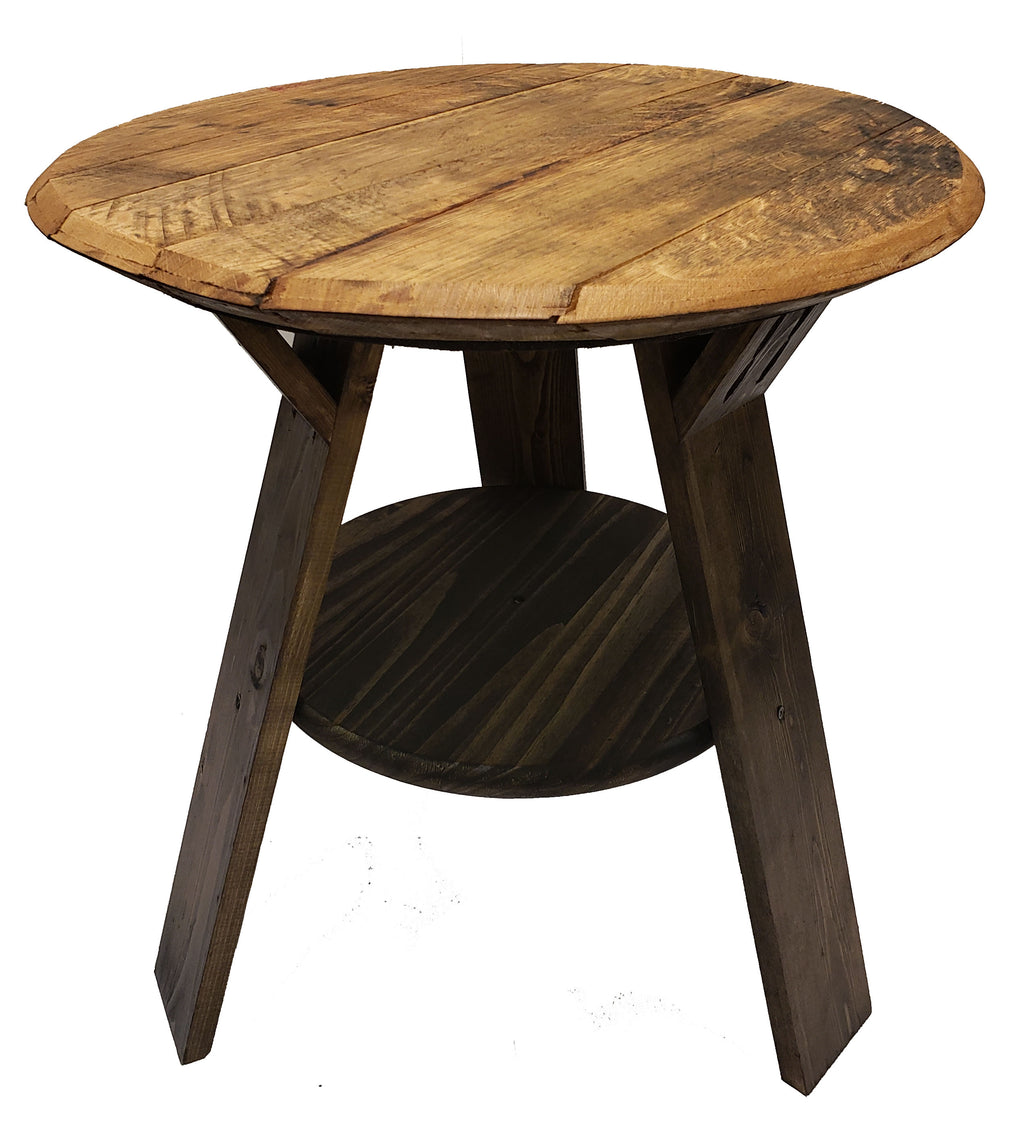 Authentic Bourbon Barrel Head Table with Shelf - Real Whiskey Barrel Round Top End Table