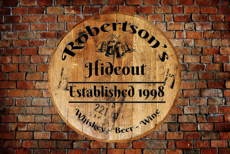 Rustic Home Decor Personalized Barrel Head - Custom Hideout - Drinking Bar Sign Man Cave - Craft Bar Signs