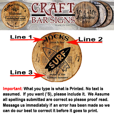 Rustic Decor Personalized Barrel Head - Custom Surf Boards - Whiskey Head Bar Sign - Craft Bar Signs