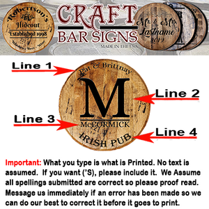 Rustic Decor Personalized Barrel Head - Custom Monogram and Names Pub Sign - Whiskey Head Bar Sign - Craft Bar Signs