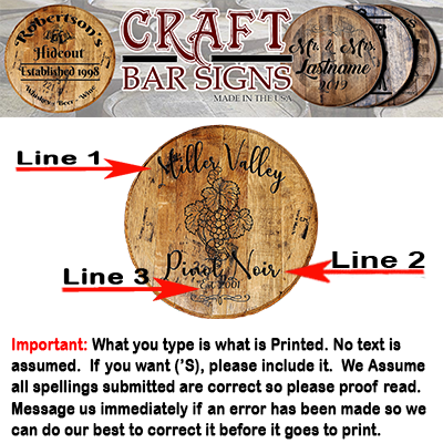 Rustic Decor Personalized Whiskey Barrel Head - Custom Family Valley Winery - Craft Bar Signs