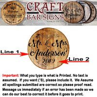 Rustic Decor Personalized Whiskey Barrel Head - Custom Married Couple Family Name - Wedding Tribute - Craft Bar Signs