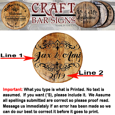 Rustic Decor Personalized Whiskey Barrel Head - Custom Married Couple First Names - Wedding Tribute - Craft Bar Signs