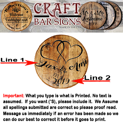 Rustic Decor Personalized Whiskey Barrel Head - Custom Married Couple First Names and Hearts - Wedding Tribute - Craft Bar Signs