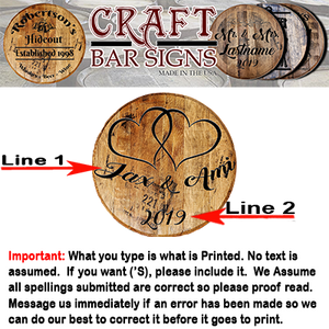 Rustic Decor Personalized Whiskey Barrel Head - Custom Married Couple First Names and Hearts - Wedding Tribute - Craft Bar Signs