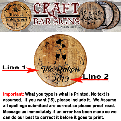 Rustic Decor Personalized Whiskey Barrel Head - Custom Married Couple Last Name and Champagne - Wedding Tribute - Craft Bar Signs