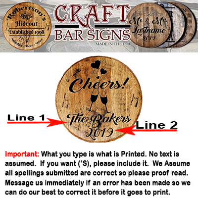 Rustic Decor Personalized Whiskey Barrel Head - Custom Married Couple Last Name and Champagne - Cheers Wedding Tribute - Craft Bar Signs