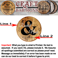 Rustic Decor Personalized Whiskey Barrel Head - Ampersand and First Names Wedding Tribute - Craft Bar Signs