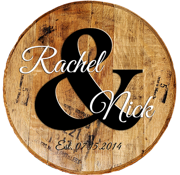 Rustic Decor Personalized Whiskey Barrel Head - Ampersand and First Names Wedding Tribute - Craft Bar Signs
