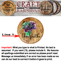 Rustic Decor Personalized Whiskey Barrel Head - Custom Grape Watercolor Art with Last Name - Craft Bar Signs