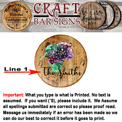 Rustic Decor Personalized Whiskey Barrel Head - Custom Grape Watercolor Art with Last Name - Craft Bar Signs