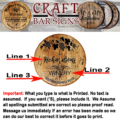 Rustic Decor Personalized Whiskey Barrel Head - Custom Family Name Winery - Craft Bar Signs