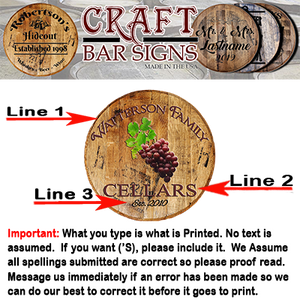 Rustic Decor Personalized Whiskey Barrel Head - Custom Family Name Cellars with Grapes - Craft Bar Signs
