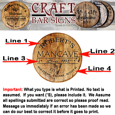 Rustic Decor Personalized Whiskey Barrel Head - Custom Man Cave or Bar Sign - Craft Bar Signs