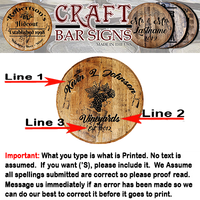 Rustic Decor Personalized Whiskey Barrel Head - Custom Name Vineyards - Craft Bar Signs