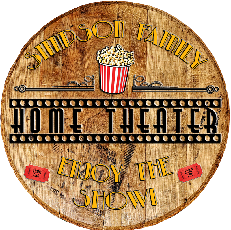 Rustic Decor Personalized Whiskey Barrel Head - Custom Family Home Movie Theater - Movie Night - Craft Bar Signs