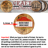 Rustic Decor Personalized Whiskey Barrel Head - Custom Family Home Movie Theater - Marquee Lights - Craft Bar Signs