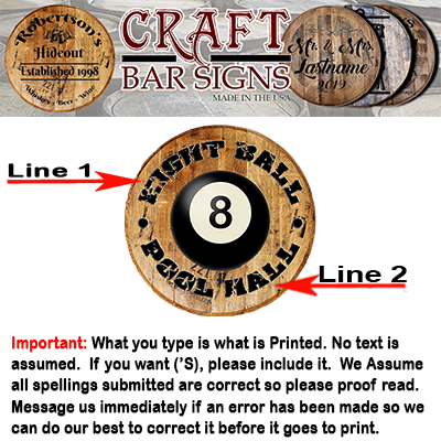 Rustic Decor Personalized Whiskey Barrel Head - Custom Pool Hall Bar Sign - 8 Ball - Craft Bar Signs