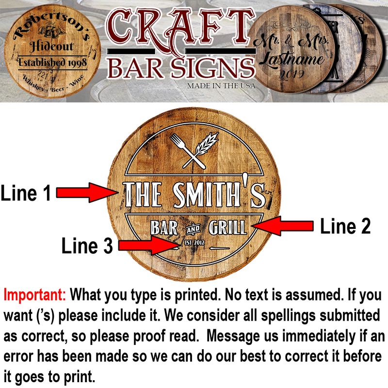 Craft Bar Signs | Bar & Grill Personalized Rustic Kitchen Sign - Personalization Guide