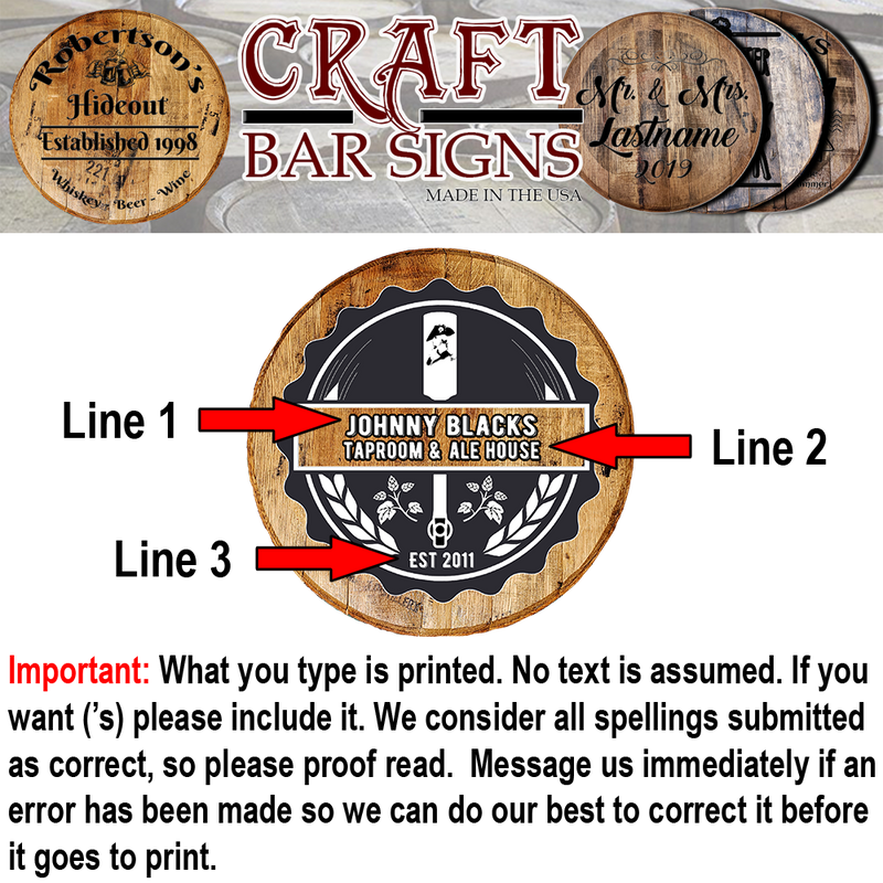 Taproom Ale House Tap Handle - Custom Barrel Head Bar Sign - Craft Bar Signs