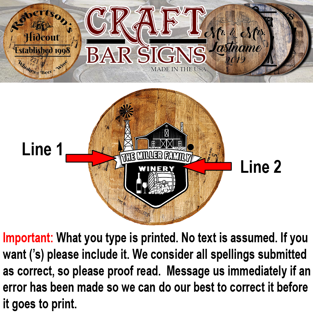 Winery Barn Family Name - Custom Barrel Head Bar Sign - Craft Bar Signs