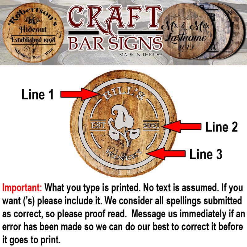 Winery Wine Bar Established Date - Custom Barrel Head Bar Sign - Craft Bar Signs