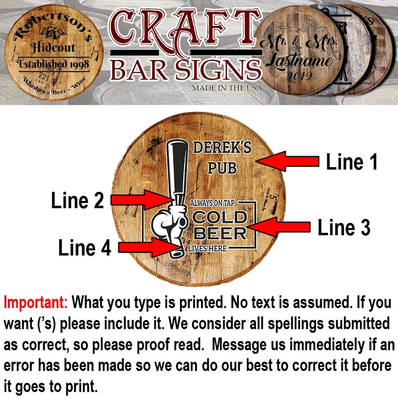 Craft Bar Signs | Beer on Tap Handle Personalized Bar Sign - Personalization Guide