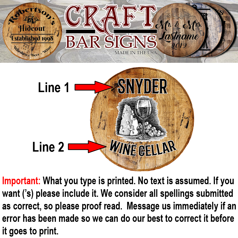 Wine Cellar Drawing Grapes Tasting - Custom Barrel Head Bar Sign - Craft Bar Signs