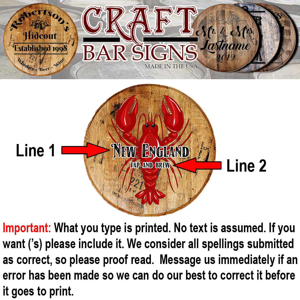 Craft Bar Signs | Lobster New England Tap & Brew Personalized Bar Sign - Personalization Guide