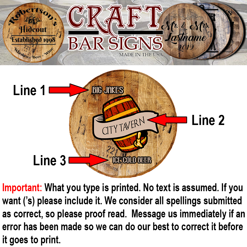 Craft Bar Signs | Barrel Ice Cold Beer Personalized Man Cave Bar Sign - Personalization Guide