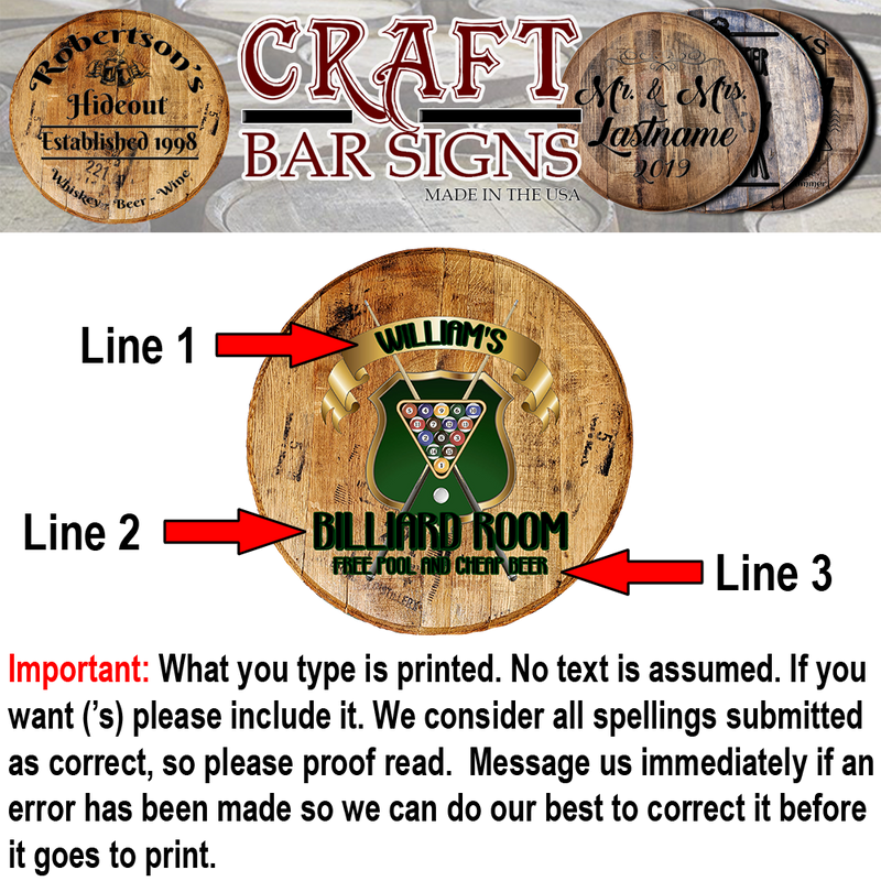 Craft Bar Signs | Billiard Room Pool & Beer Personalized Man Cave Bar Sign - Personalization Guide