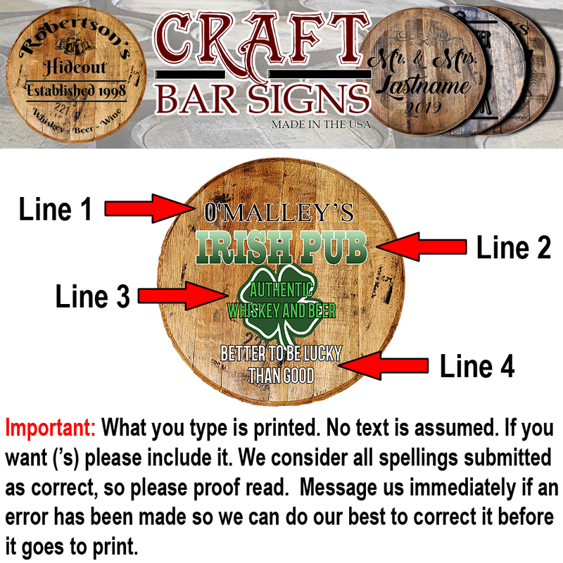 Craft Bar Signs | Irish Pub Shamrock Personalized Irish Bar Sign - Personalization Guide