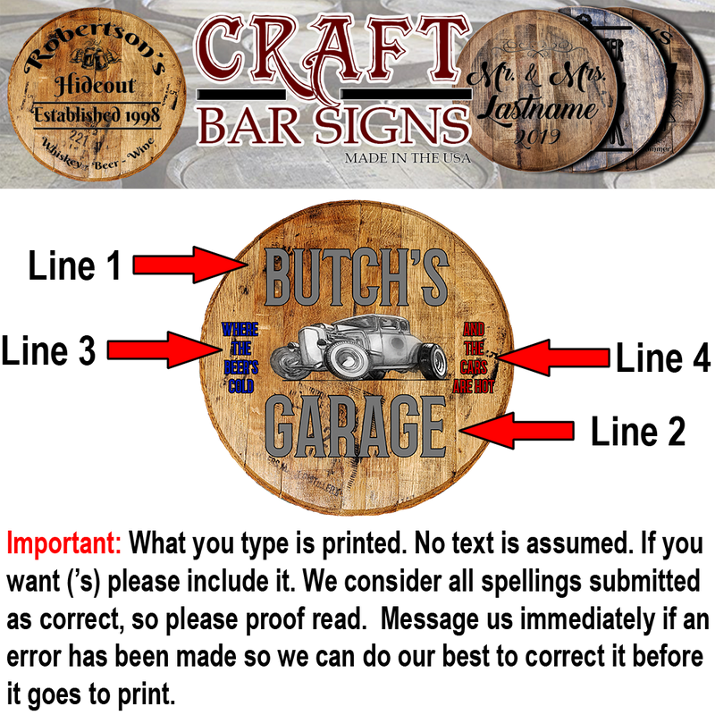 Craft Bar Signs | Hotrod Garage Personalized Man Cave Wall Decor - Personalization Guide