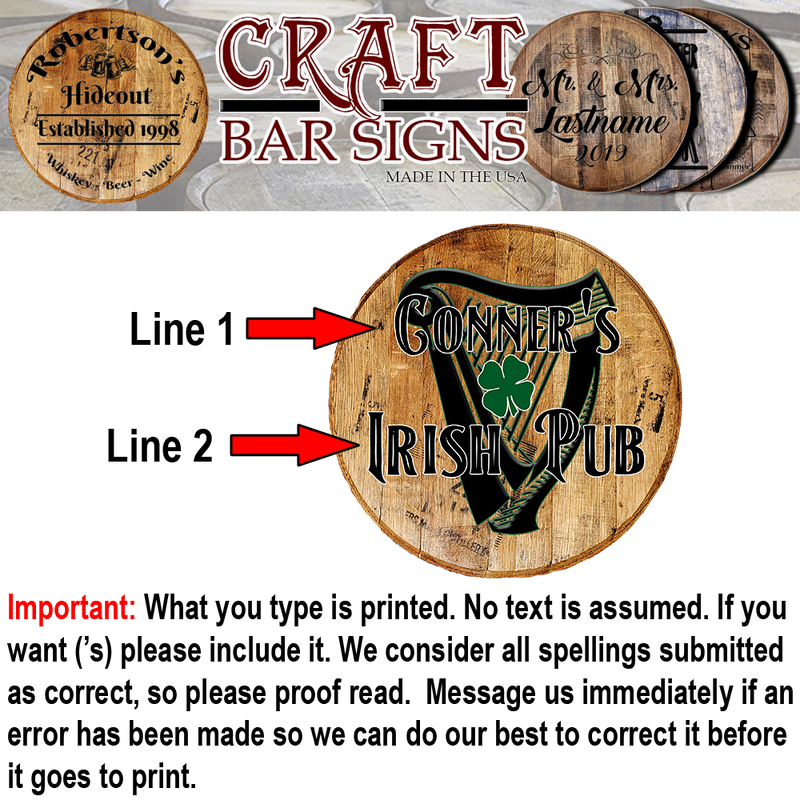 Craft Bar Signs | Irish Pub Shamrock Harp Personalized Irish Bar Sign - Personalization Guide