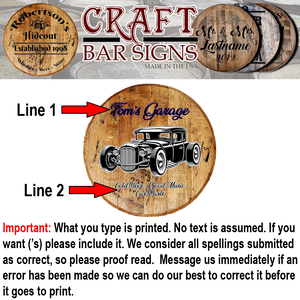 Your Garage Cold Beer Good Music Car Parts Hotrod - Custom Barrel Head Bar Sign - Craft Bar Signs