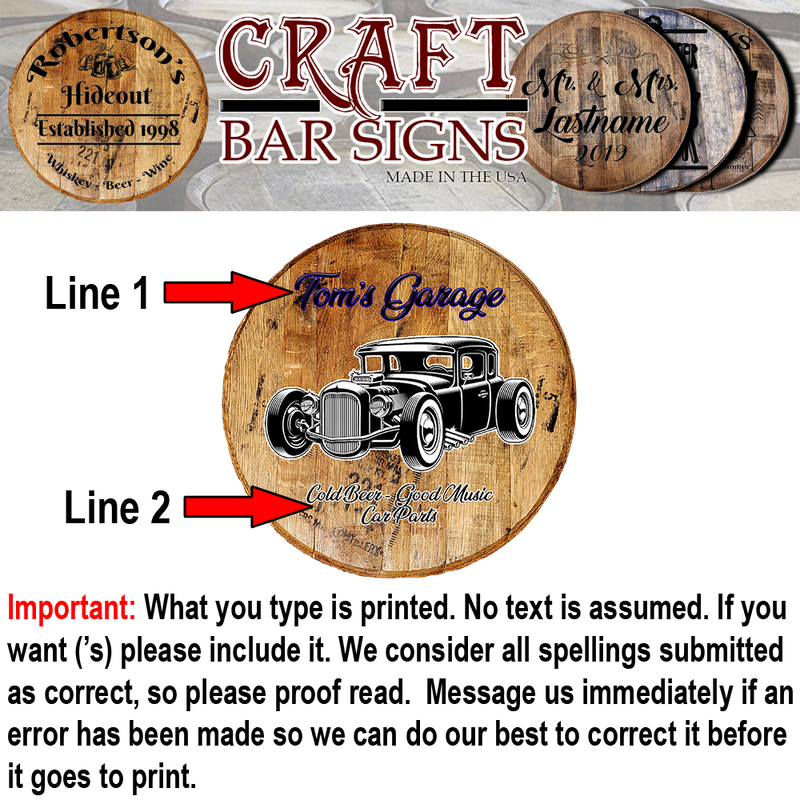 Your Garage Cold Beer Good Music Car Parts Hotrod - Custom Barrel Head Bar Sign - Craft Bar Signs