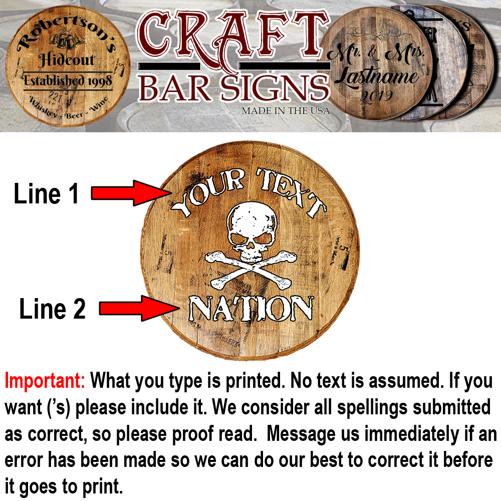 Skull Nation Insert Your Text Here - Custom Barrel Head Bar Sign - Craft Bar Signs