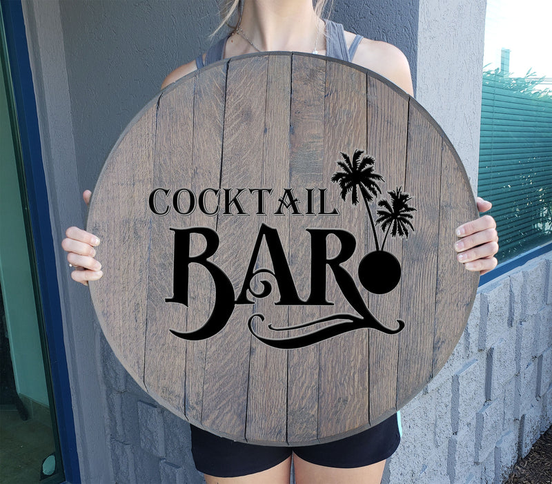 Barrel Head Sign - Cocktail Bar - Palm Tree Design for Home Bar or Man Cave - Craft Bar Signs