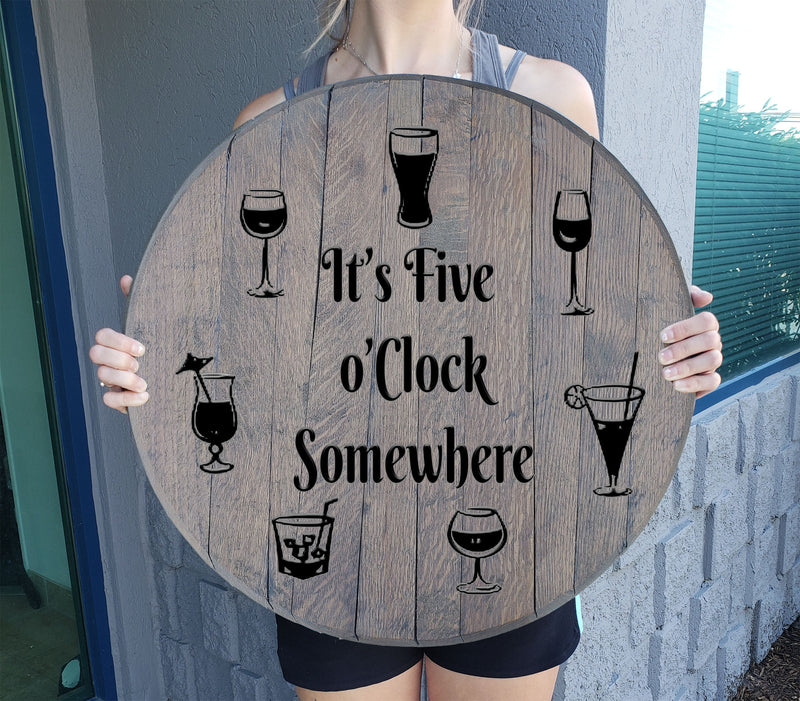 Craft Bar Signs | Five O'Clock Somewhere Drink Clock Bar Wall Decor - Gray