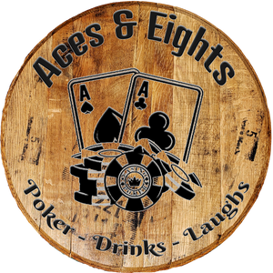 Rustic Decor Barrel Head Sign - Aces & Eights Poker Drinks Laughs - Game or Poker Room Sign - Craft Bar Signs