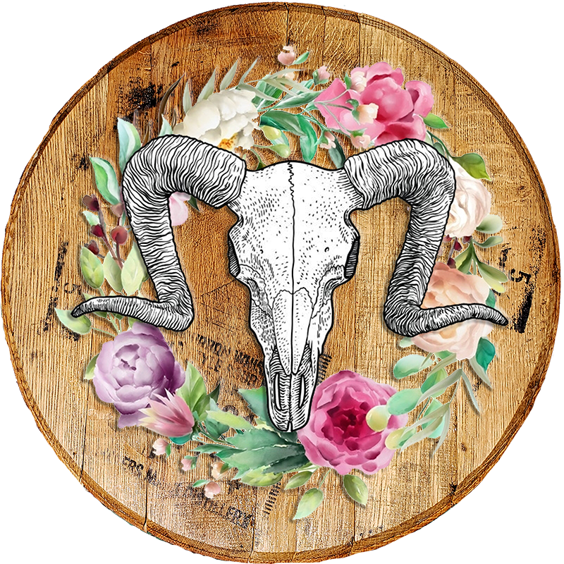 Rustic Home Wall Decor - Flower Ring and Ram's Skull - Western Wall Art - Craft Bar Signs