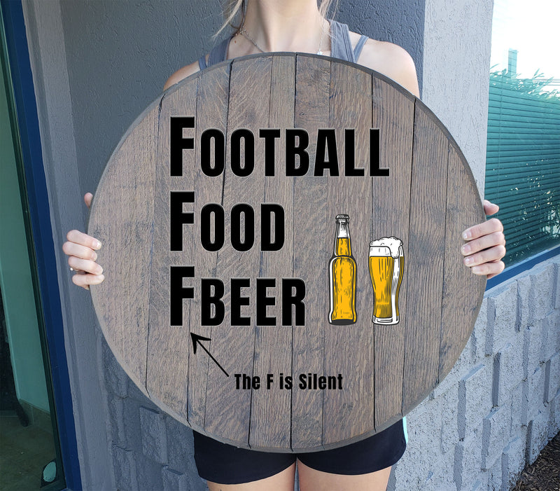 Football, Food, Fbeer Man Cave Bar Sign - Custom Barrel Head - Gray