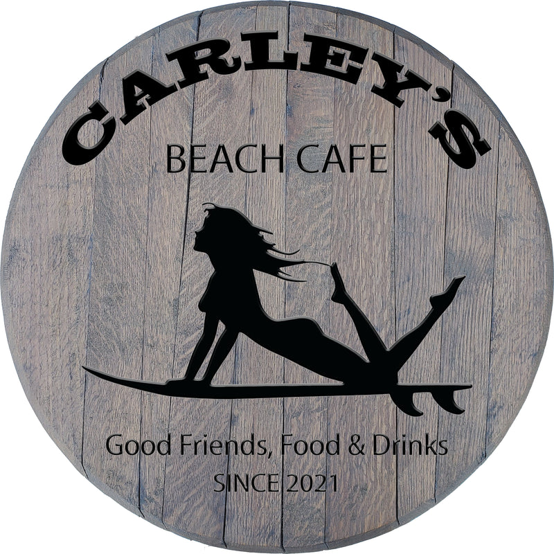 Surfer Girl Personalized Beach Restaurant Sign - Custom Barrel Head