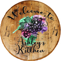 Watercolor Grapes Personalized Rustic Kitchen Sign - Custom Barrel Head